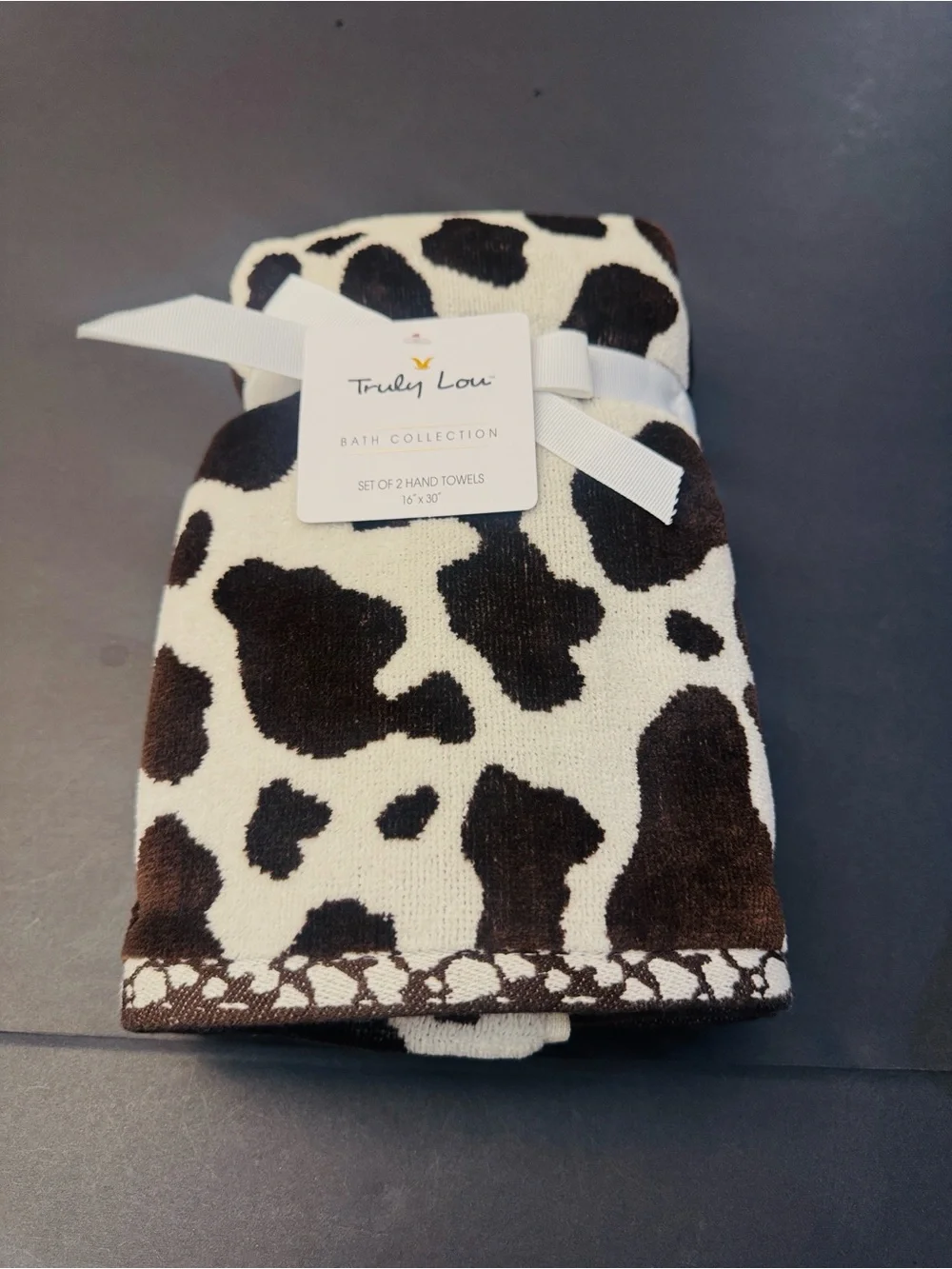 3pc TRULY LOU Bath Towel Set - Cotton Velour - Cow Print -Hot Fudge-Br/OffWhite